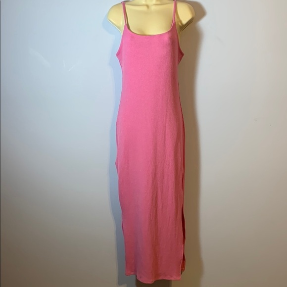 Vici Luna pink ribbed Spaghetti strap Maxi Dress side slit fitted small made USA - Picture 2 of 7